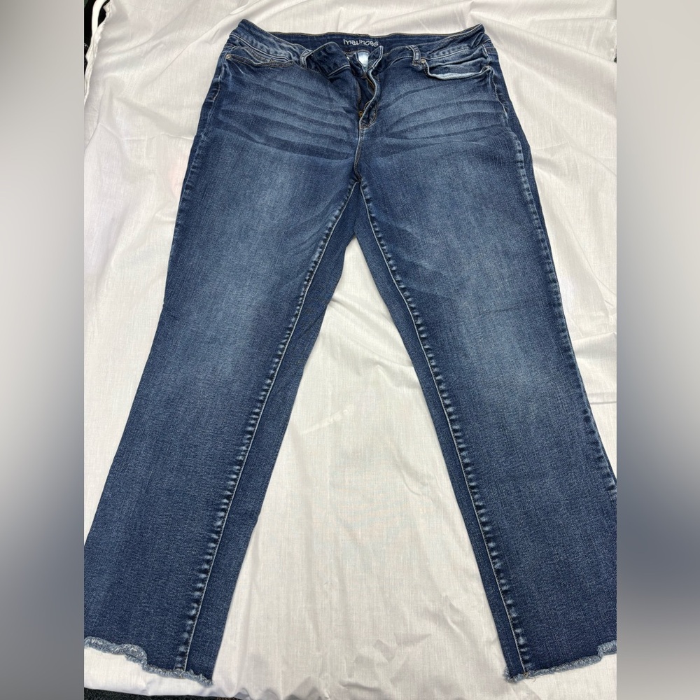 Maurices brand jeans. Size 11/12. Dark denim, factory frayed cuff.